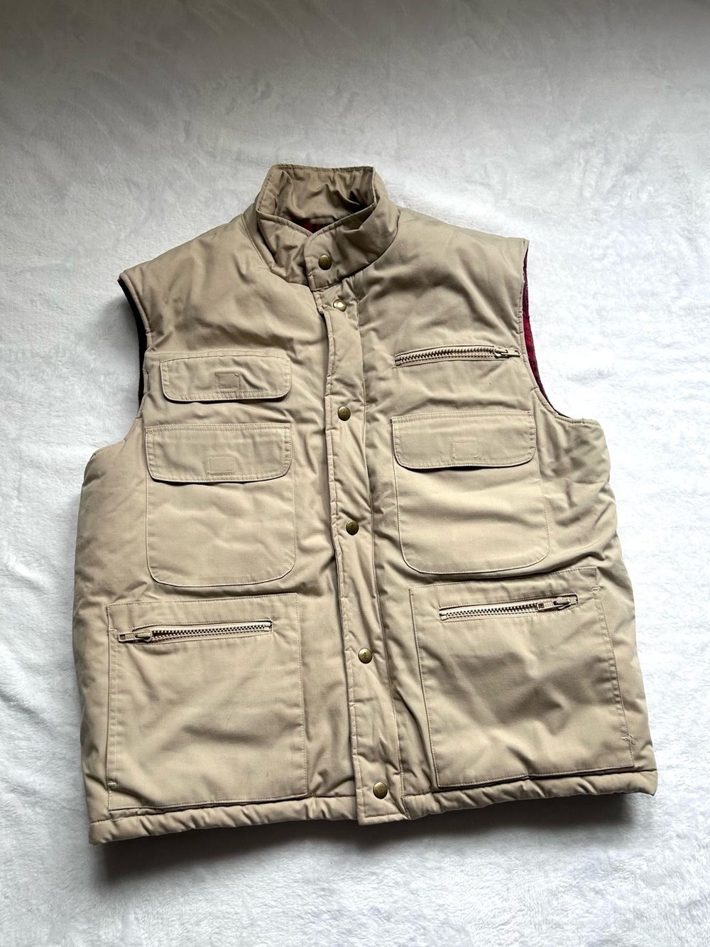 Van Heusen Men’s Utility Vest Size M Tan Plaid Lined Multi Pocket Outdoor